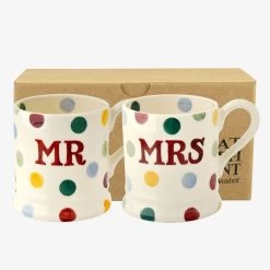 Polka Dot 'Mr & Mrs' Set Of 2 1/2 Pint Mugs Boxed