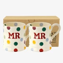 Polka Dot 'Mr & Mr' Set Of 2 1/2 Pint Mugs Boxed